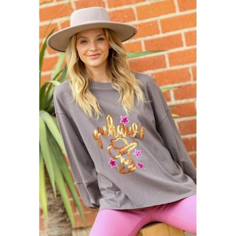 Fantastic Fawn Charcoal Yeehaw Star Sequin Patch Knit Western Top IFKT51844-04 - Picture 10 of 12